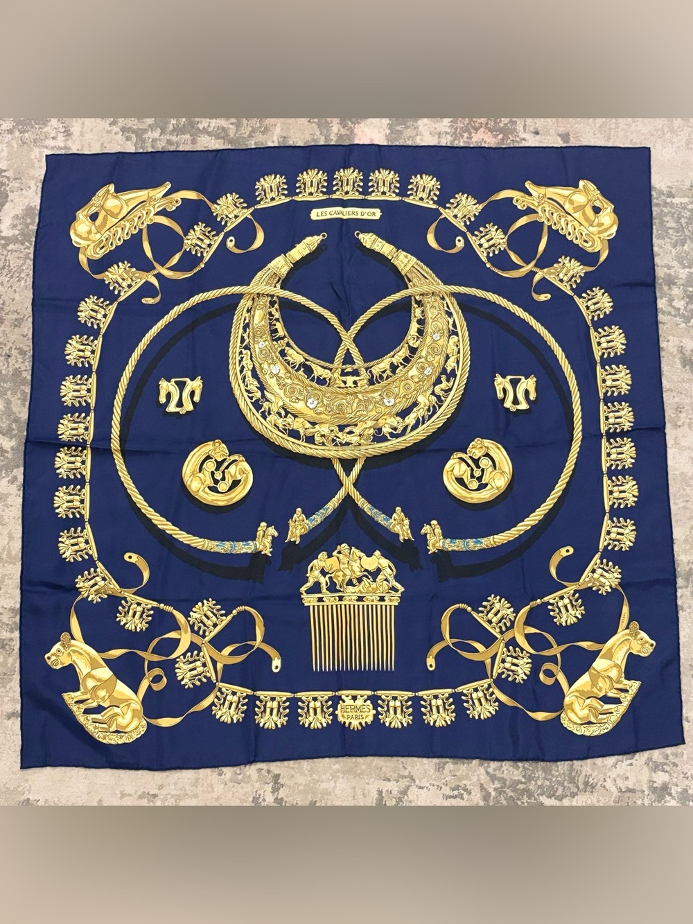 Authentic Hermès Les Cavaliers d’Or Carré 90 Silk Scarf Navy Gold RYBAL